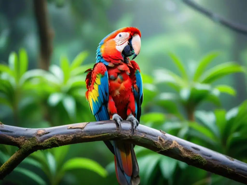 Vibrante guacamayo escarlata en la selva de Uruguay, plumaje colorido al sol