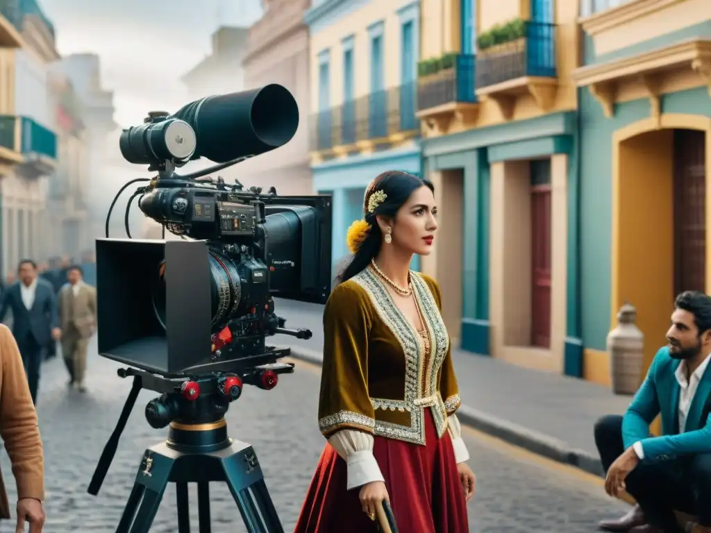 Un vibrante set de filmación en Montevideo, Uruguay, mostrando la diversa industria cinematográfica uruguaya patrimonio