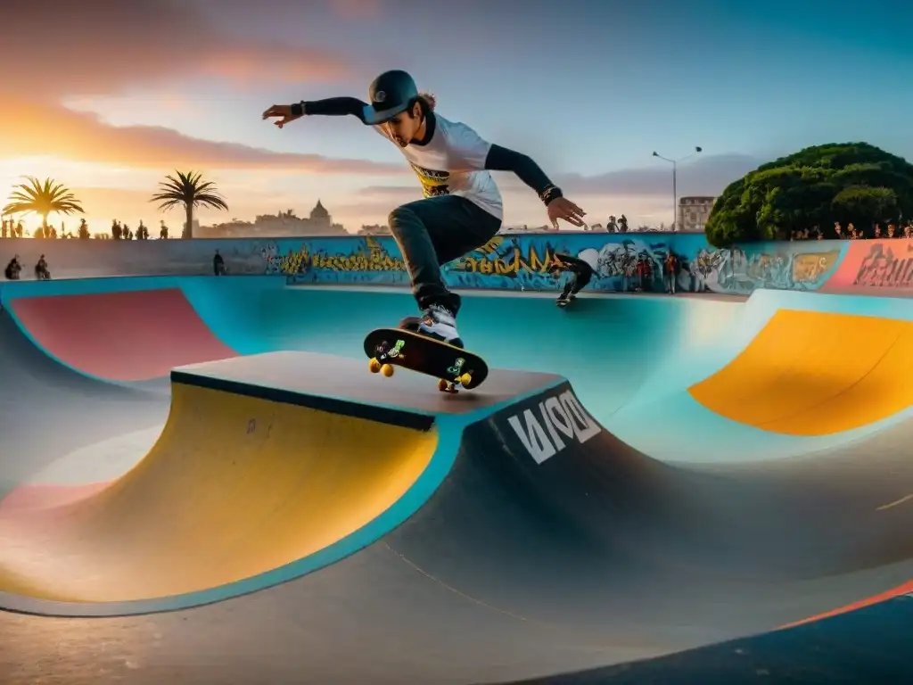 Un vibrante skatepark en Montevideo, Uruguay, lleno de skaters de todas las edades y niveles