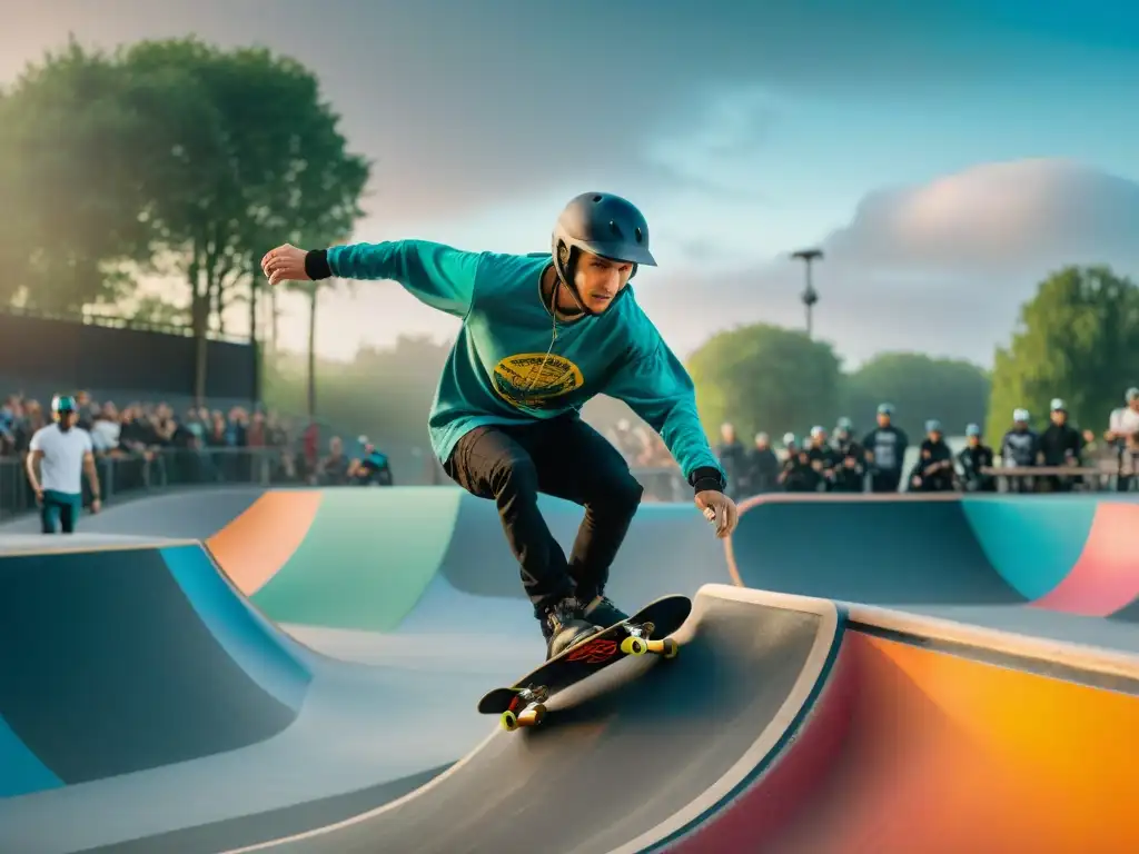 Un vibrante skatepark con skaters y riders de BMX, destacando accesorios personalizados que reflejan estilo y funcionalidad