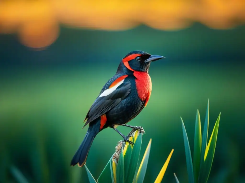 Un vibrante Tordo Sietecolores posado en una caña en humedales de Uruguay al atardecer