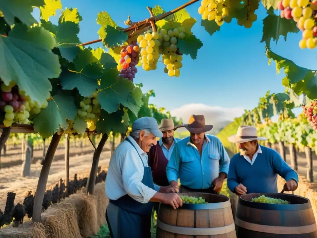 Vibrante vendimia en Uruguay: agricultores felices en bodega rodeados de viñedos verdes bajo el cielo azul