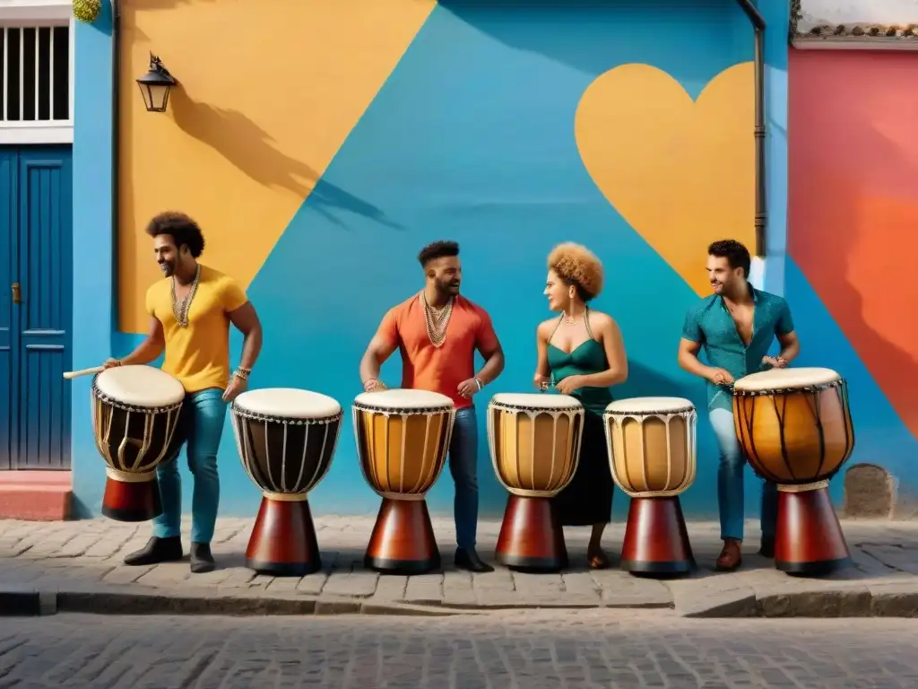 Un vibrante viaje candombe en Barrio Sur, Uruguay: jóvenes músicos tocan tambores tradicionales con pasión y ritmo