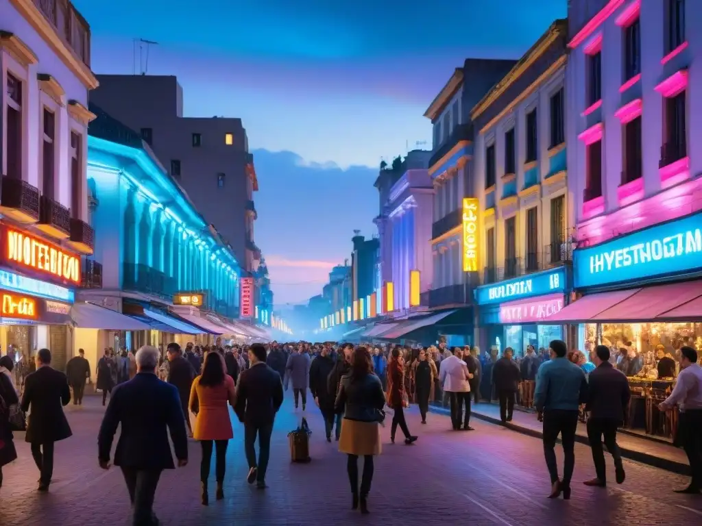 La vibrante vida nocturna de Montevideo se muestra en esta bulliciosa calle iluminada por neones de los mejores bares