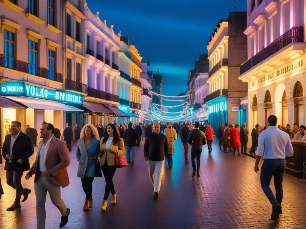 Vibrante vida nocturna en Montevideo: luces de neón, gente disfrutando afuera de bares y restaurantes coloridos