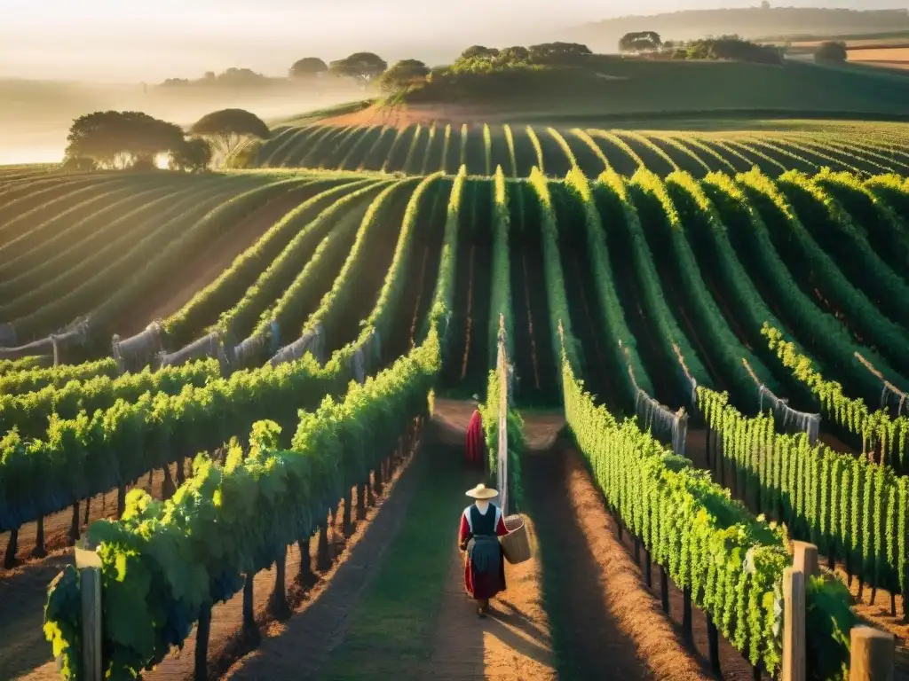 Un vibrante viñedo en Uruguay, con agricultores y cosecha de uvas frescas, reflejando el agroturismo en Uruguay cambios rurales