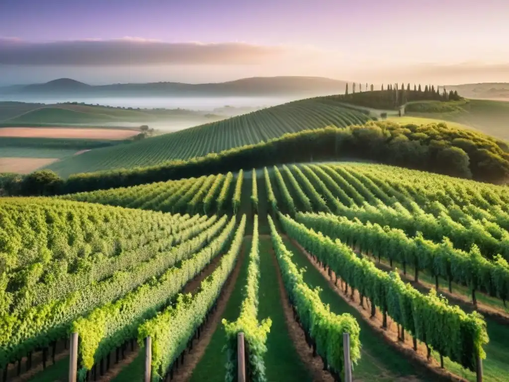 Vibrante viñedo uruguayo al atardecer, con vides verdes bajo cielo de tonos pastel