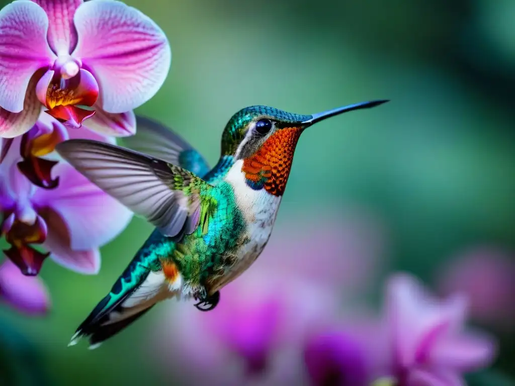 Fotografiando flora fauna autóctona Uruguay: Detalle de colibrí vibrante en vuelo junto a orquídea rosa en Uruguay