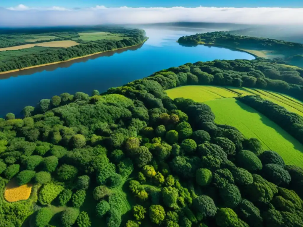 Vibrantes paisajes de Uruguay capturados desde un dron, mostrando colinas verdes, ríos y bosques bajo un cielo azul