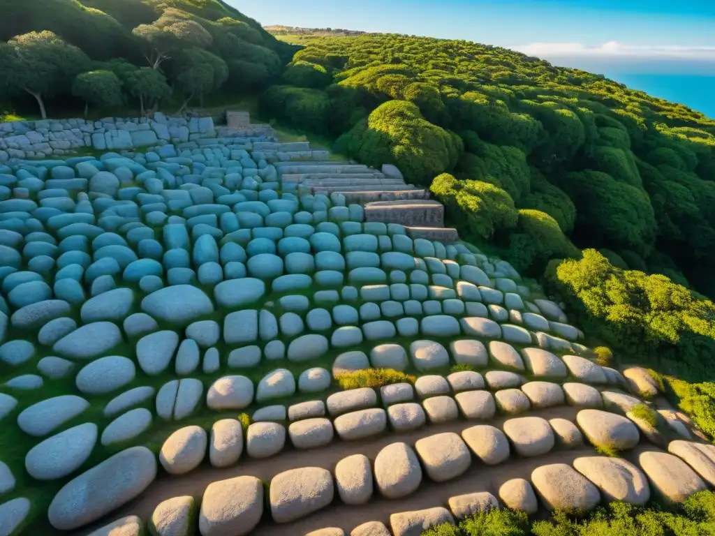 Vibrantes ruinas y grabados en roca de un sitio arqueológico en Uruguay, bajo un cielo azul