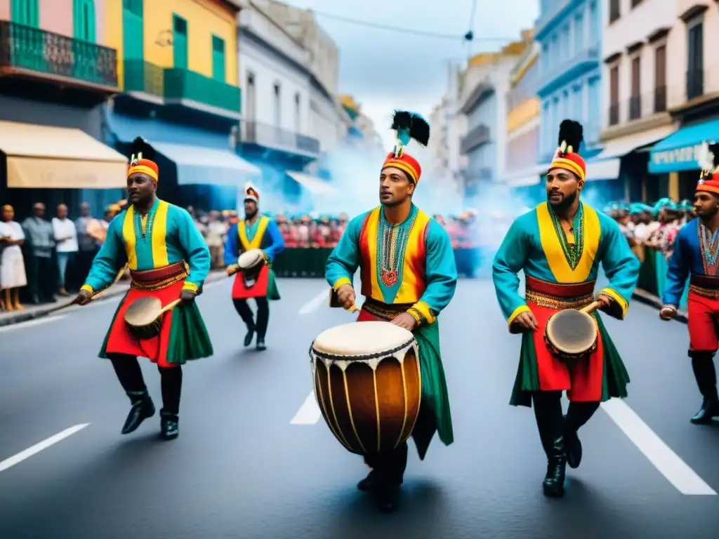 Vibrantes tamborileros en desfile callejero de Candombe en Montevideo, Uruguay, mostrando la tradición del Candombe en Uruguay