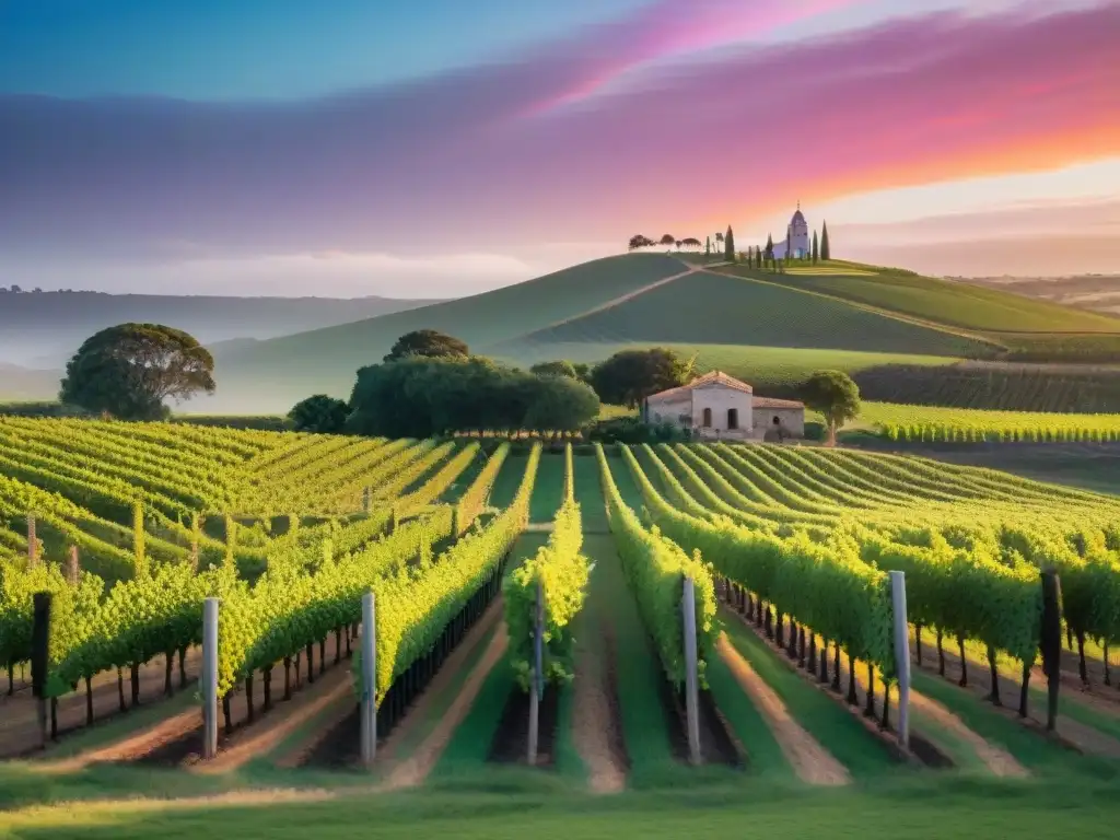 Vibrantes viñedos al atardecer en Uruguay, con un cielo colorido y una bodega histórica al fondo