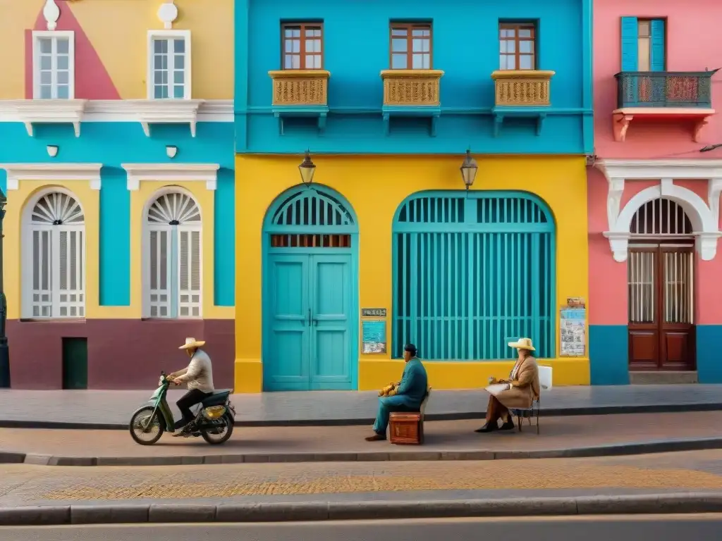 Descubre la vida callejera en Montevideo, Uruguay, con edificios coloniales coloridos, lugareños y vendedores de empanadas