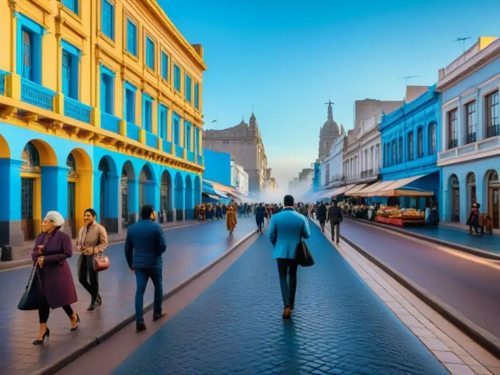 La vida cotidiana en Montevideo, Uruguay, con su arquitectura colonial y puestos de comida tradicional, bajo un cielo azul