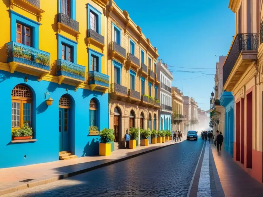 Vida cotidiana en Barrio Reus Montevideo, con locales charlando junto a edificios coloniales coloridos y balcones de hierro, bajo un cielo azul