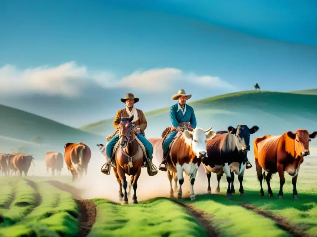 Vida gaucha en Uruguay fotografía: Gauchos guiando el ganado en paisaje pintoresco