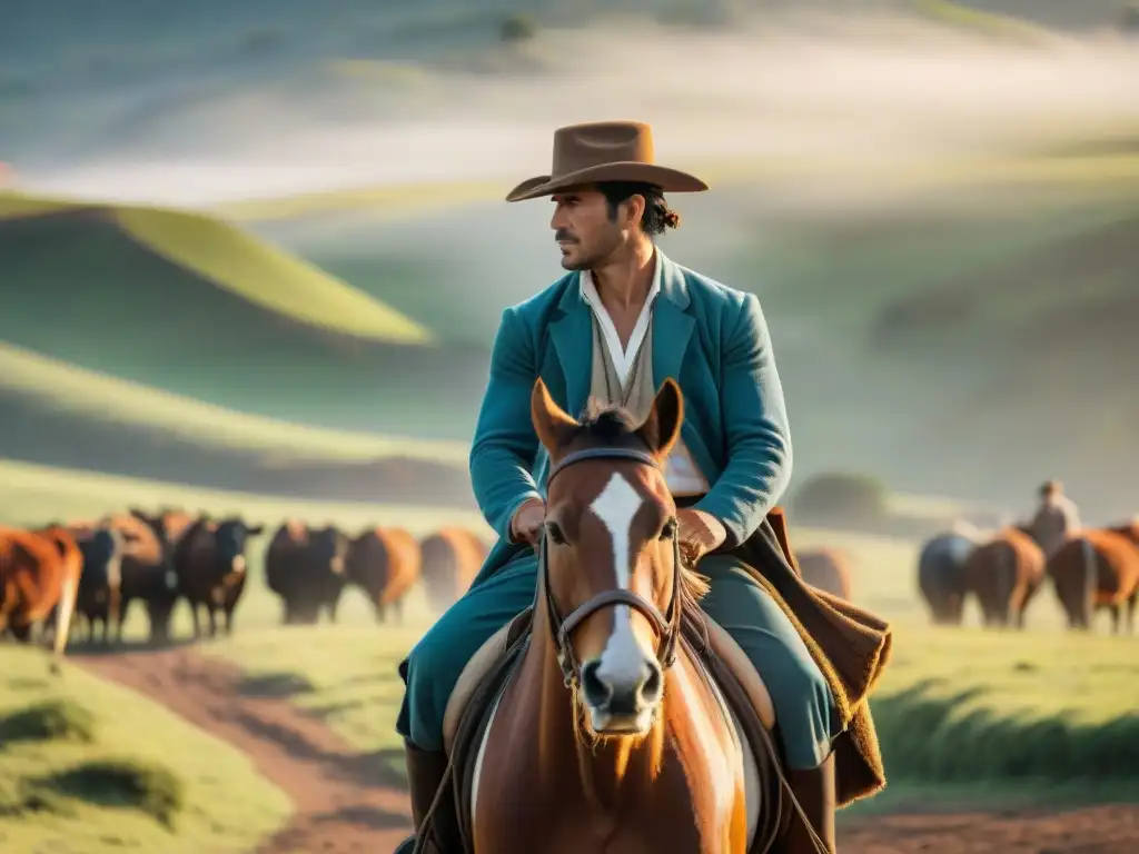 Vida gaucha en Uruguay fotografía: Un gaucho experto en su caballo, pastoreando ganado en la vasta campiña uruguaya