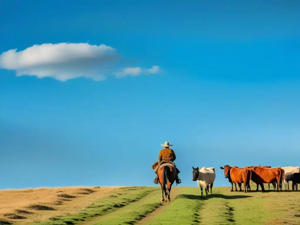 Vida gaucha en Uruguay fotografía: Un gaucho cabalgando con determinación en las llanuras doradas