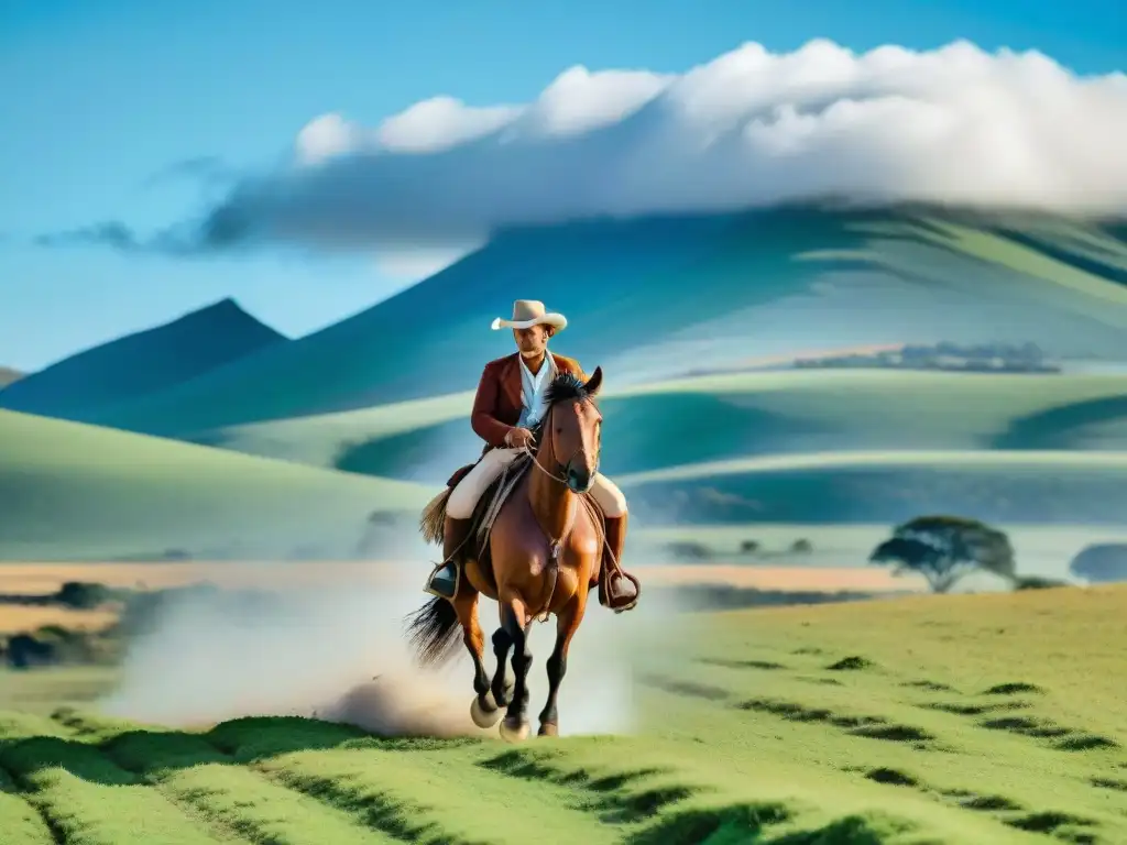 Vida gaucha en Uruguay fotografía: Un gaucho cabalgando en la vasta llanura verde, en un momento de libertad y tradición