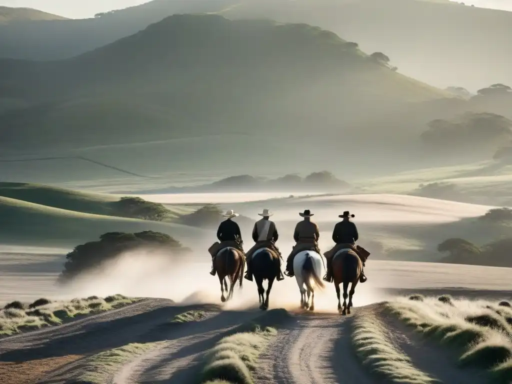 Vida gaucha en Uruguay: gauchos cabalgan en la vasta llanura, mostrando fuerza y libertad en blanco y negro