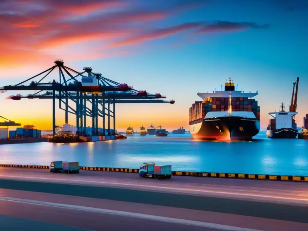 Vida portuaria en Uruguay: barcos cargueros en el puerto de Montevideo al amanecer