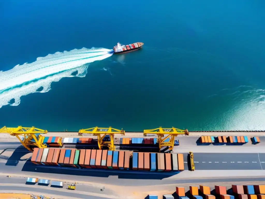 Vida portuaria en Uruguay: fotografía detallada del bullicioso puerto de Montevideo, con barcos, trabajadores y contenedores bajo el cielo azul