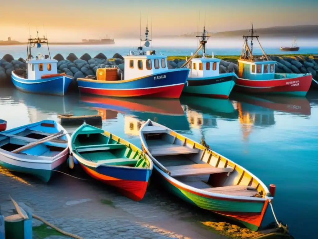 Vida portuaria en Uruguay: pescadores descargando captura en el bullicioso puerto al amanecer, con barcos coloridos y gaviotas