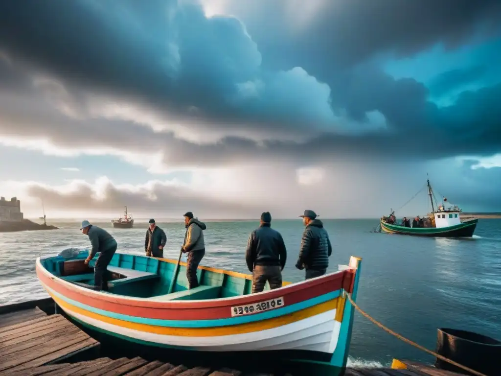 Vida portuaria en Uruguay: pescadores descargando captura en un pintoresco bote pesquero, bajo un cielo tormentoso