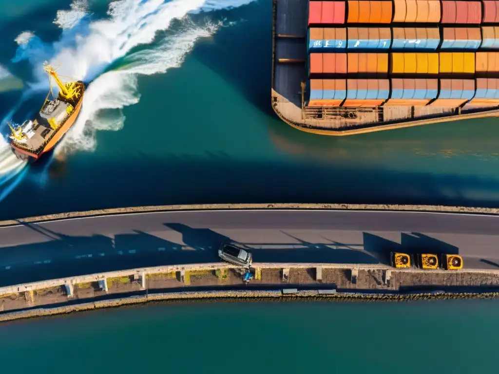 Vida portuaria en Uruguay: trabajadores descargan coloridas cajas de un barco al atardecer