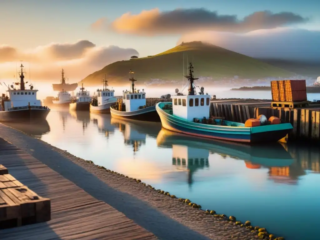 Vida portuaria en Uruguay: escena vibrante al amanecer con pescadores, barcos y gaviotas bajo el cielo pastel reflectado en el agua tranquila