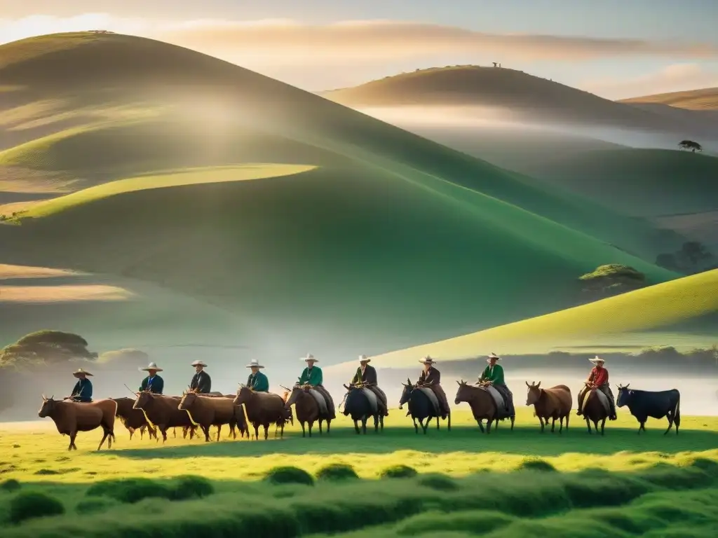 Esencia campestre: Gauchos y ganado en la hora dorada de Uruguay Fotografiando la vida rural uruguaya al atardecer, con gauchos pastoreando ganado en un paisaje idílico