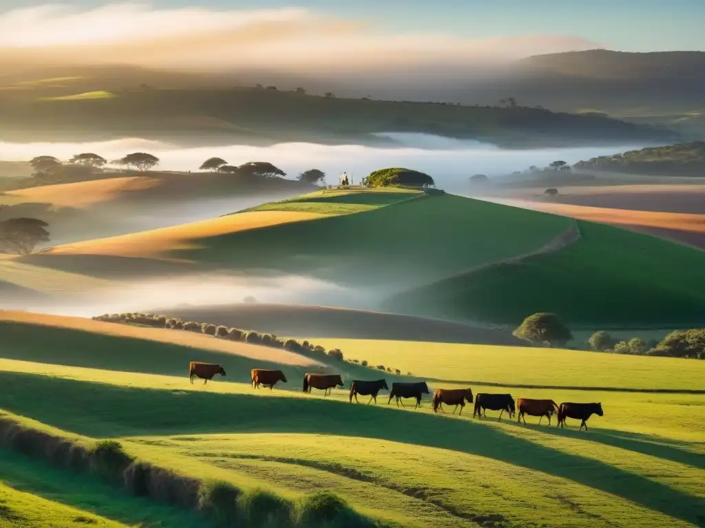 Amanecer dorado con gauchos y ganado en Uruguay Fotografiando la vida rural uruguaya al amanecer: un gaucho a caballo guía al ganado en un paisaje sereno y dorado