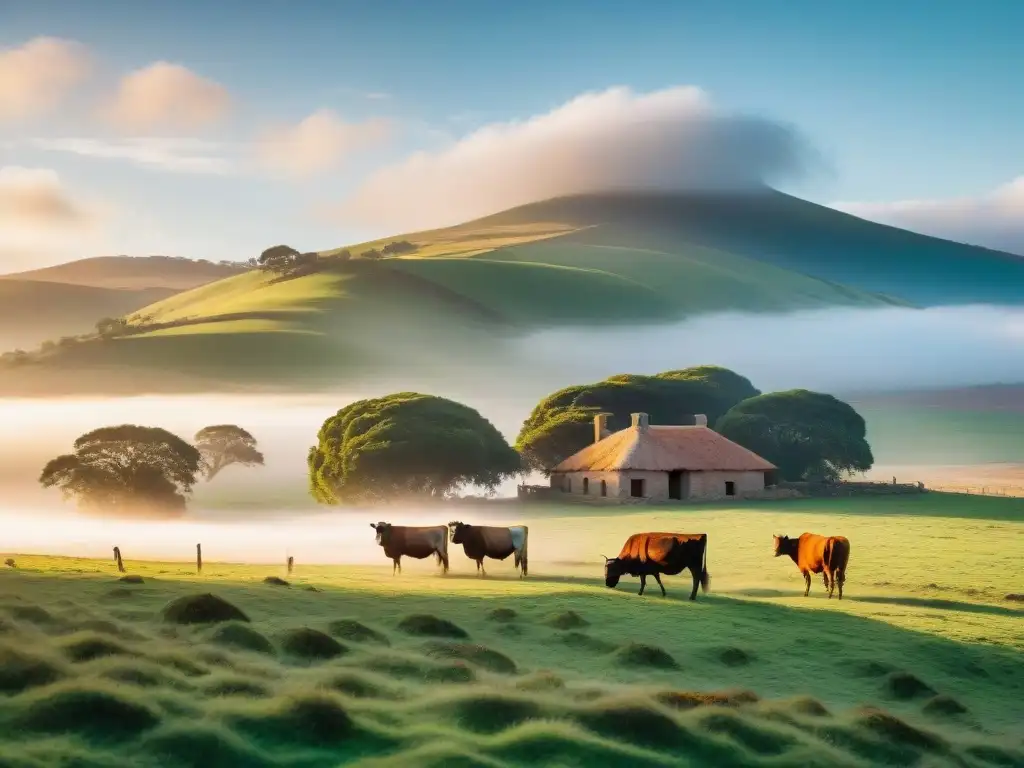 Experimenta la vida rural en Uruguay con esta imagen de una estancia al amanecer, transmitiendo autenticidad y serenidad