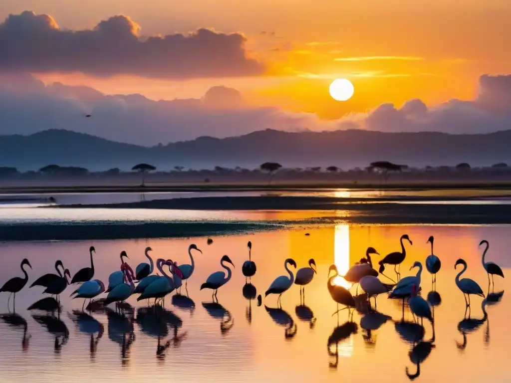 Fotografiando vida silvestre en Uruguay: Atardecer vibrante sobre Laguna Garzón, con aves en vuelo y reflejos dorados