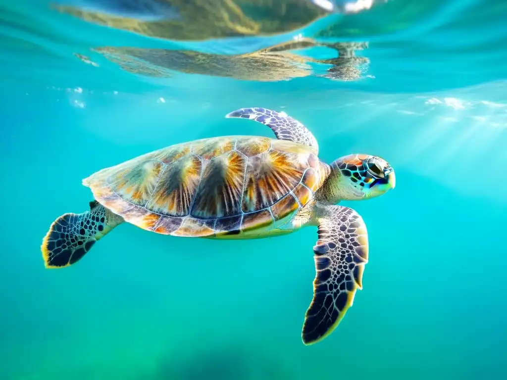 Vida silvestre costa uruguaya: Tortuga verde surcando aguas turquesas con coral y fauna marina vibrante