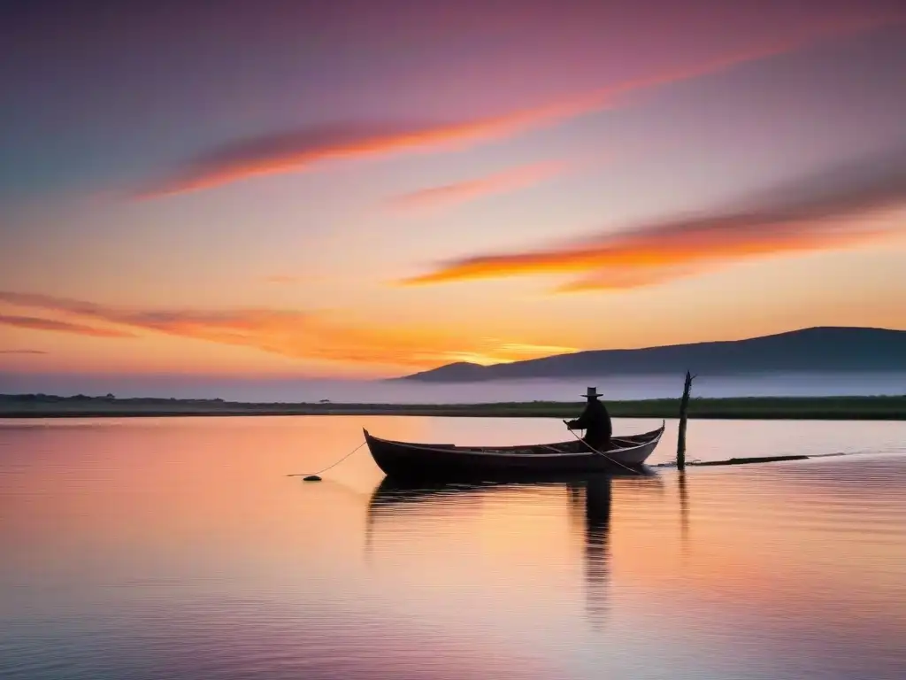 La vida en torno al Río: Silueta de un bote pesquero uruguayo en el Río de la Plata al atardecer, con un cielo anaranjado y rosa