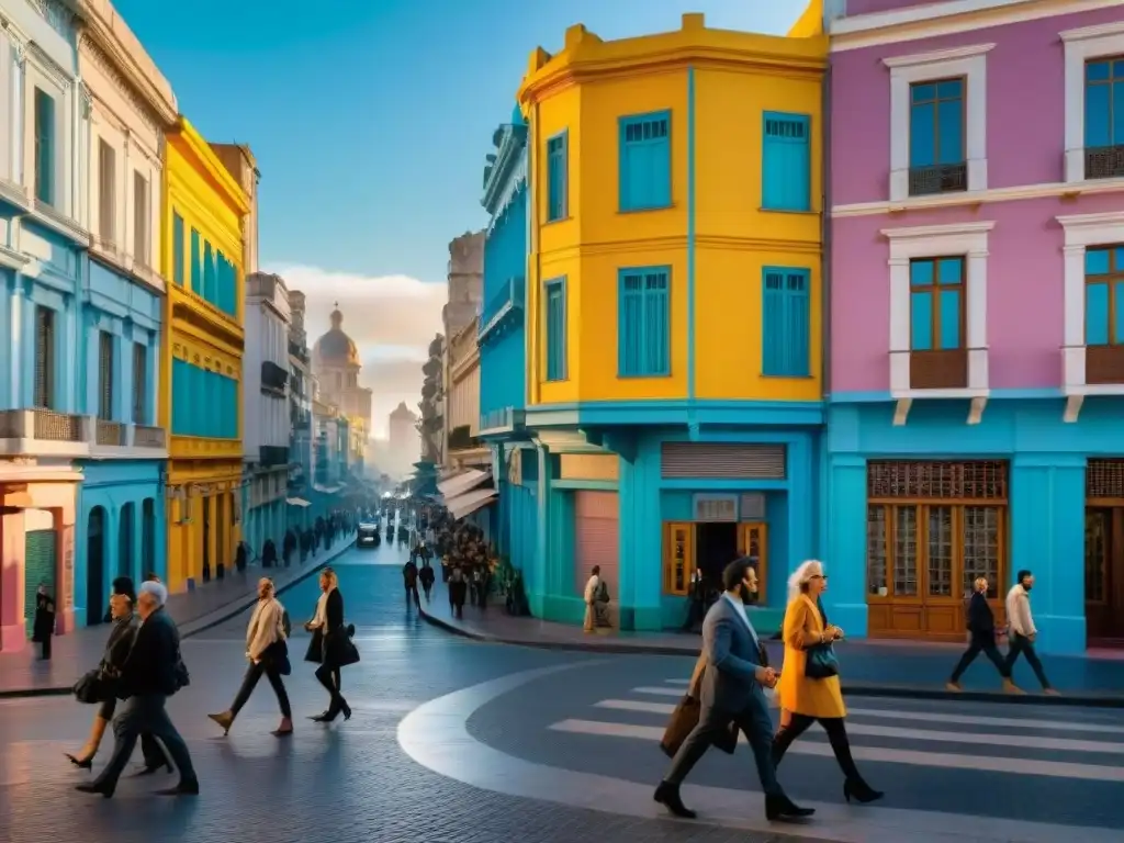 Vida urbana en Montevideo al atardecer, con gente diversa y edificios coloridos