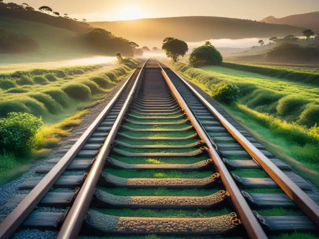 Viejos rieles oxidados serpenteando en el campo de Uruguay al atardecer, simbolizando el legado histórico del ferrocarril en Uruguay