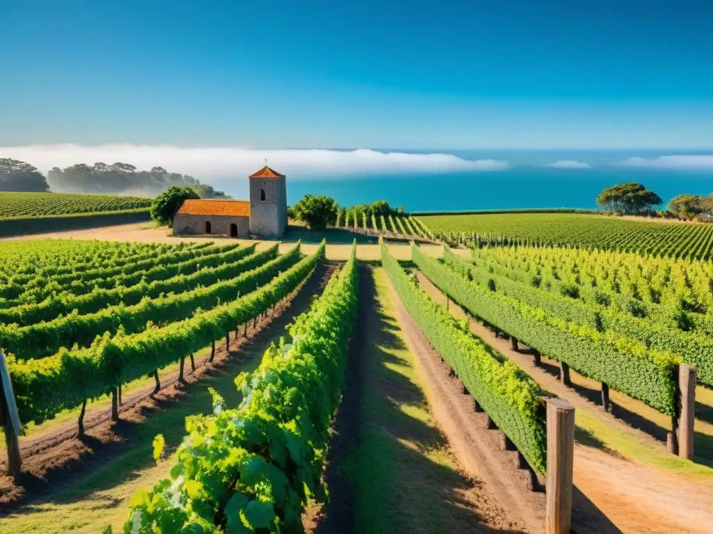 Un viñedo antiguo en Uruguay muestra la historia y evolución del vino, con filas de vides verdes bajo el cielo azul