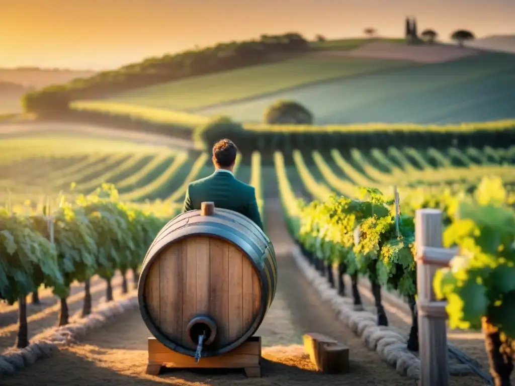 Viñedo en Uruguay al atardecer con barril de vino, viñedos verdes y sol dorado