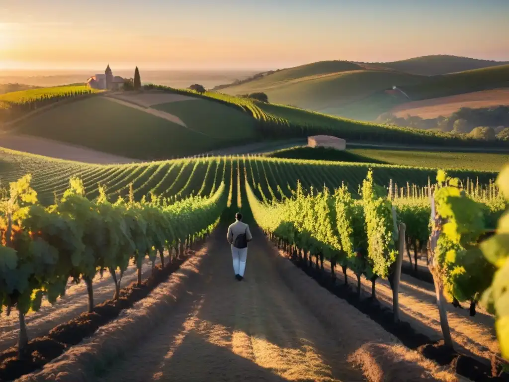 Un viñedo en Uruguay al atardecer, con un enólogo inspeccionando uvas, transmitiendo tranquilidad y belleza