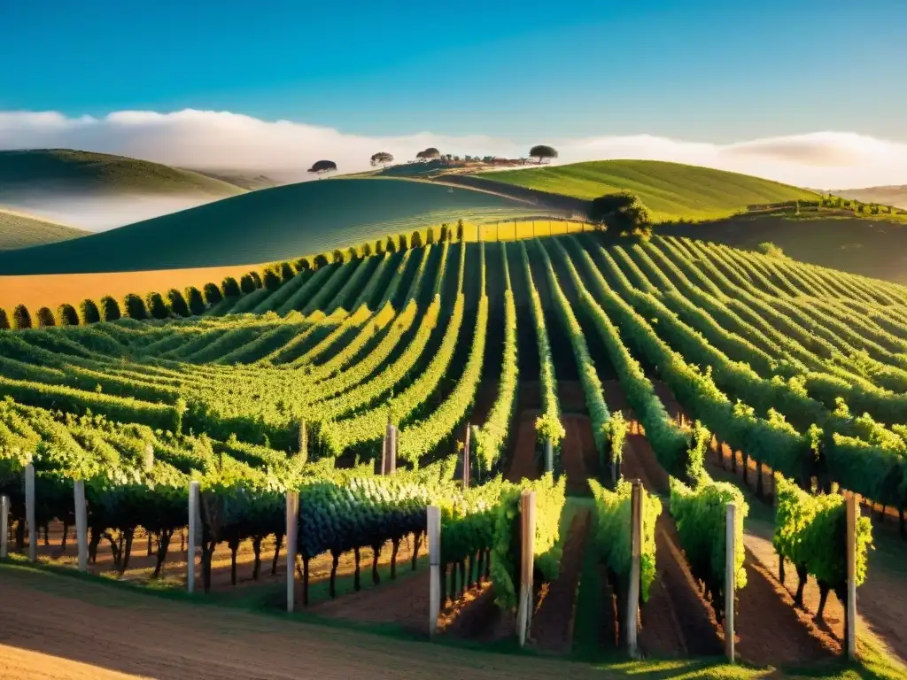 Viñedo en Uruguay al atardecer, con filas de uvas y paisaje sereno