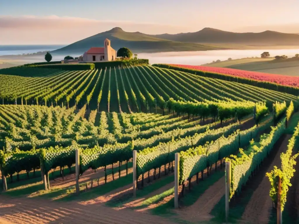 Viñedo en Uruguay al atardecer, con filas de vides, luz dorada y cielo colorido, en la Ruta del Queso y Vino Uruguay