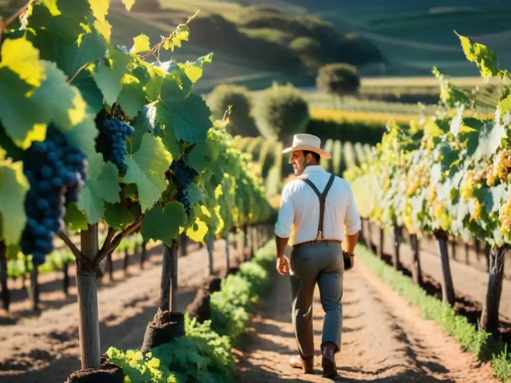 Un viñedo en Uruguay bañado por la luz dorada de la tarde, donde un vinicultor cuida con esmero las vides