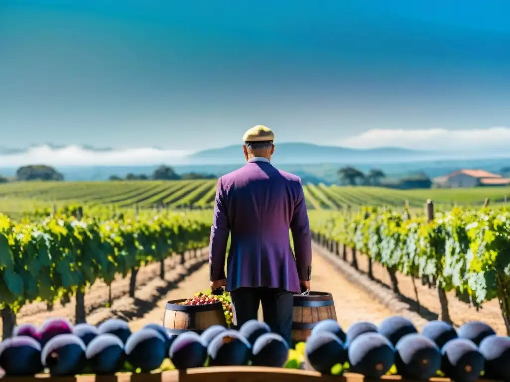 Un viñedo bañado por el sol en Uruguay con las mejores catas de vino, un enólogo inspeccionando uvas moradas y barricas de roble