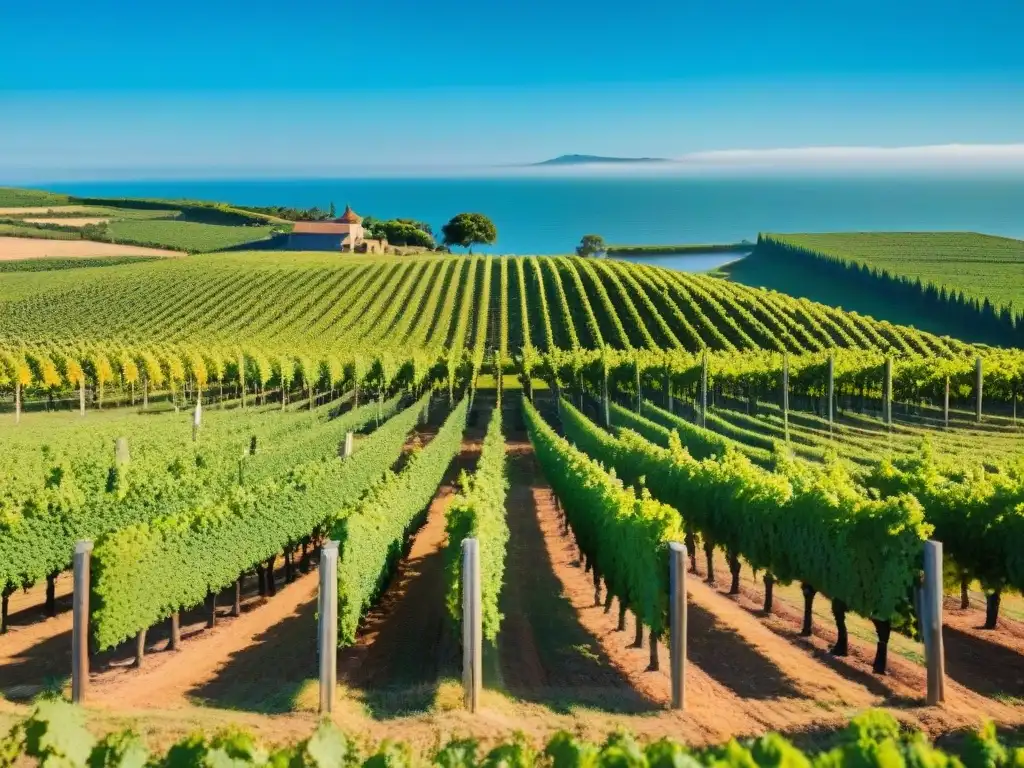 Un viñedo bañado por el sol en Uruguay con trabajadores y cestas de uvas frescas, transmitiendo autenticidad y artesanía