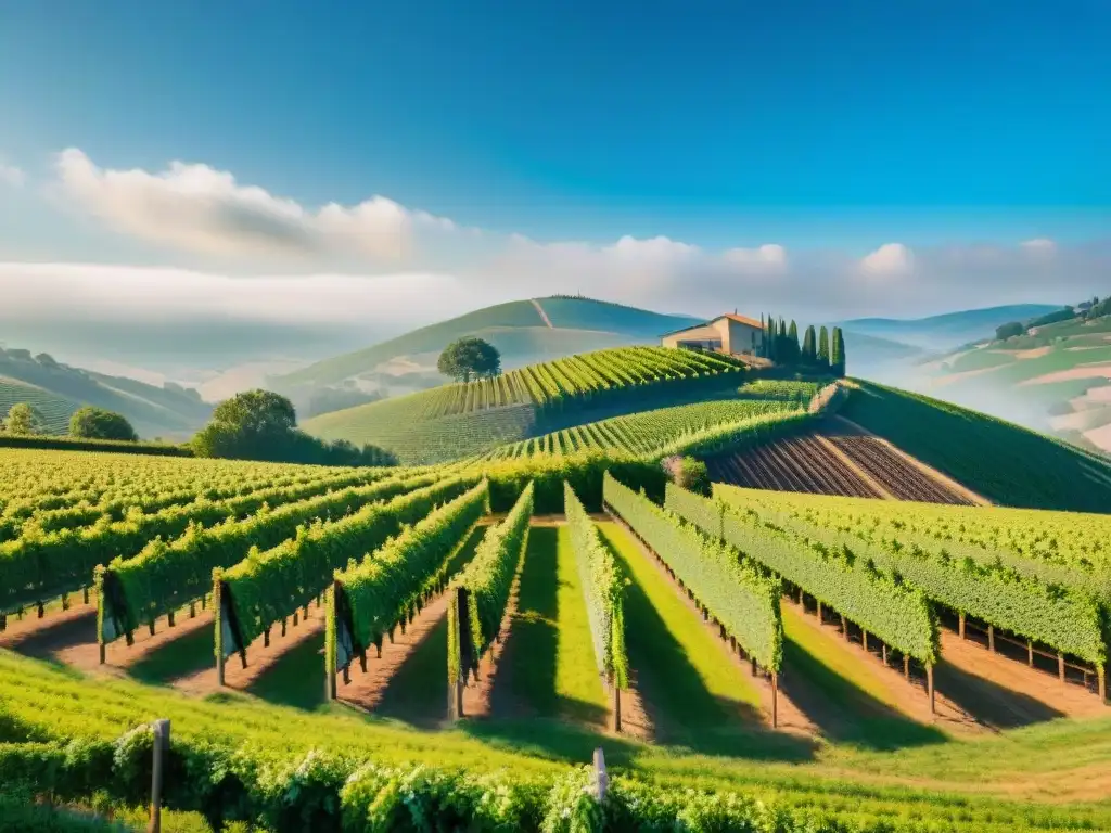 Un viñedo bañado por el sol con turistas disfrutando de vino, ideal para 'Seguro de viaje para enófilos'