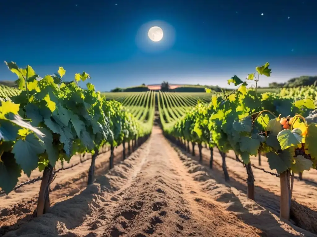 Un viñedo en Uruguay bajo un cielo estrellado, iluminado por la luna, creando una atmósfera mágica y tranquila