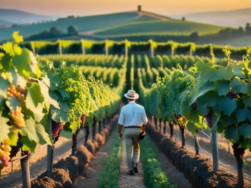 Un viñedo dorado al atardecer, con un viticultor inspeccionando uvas