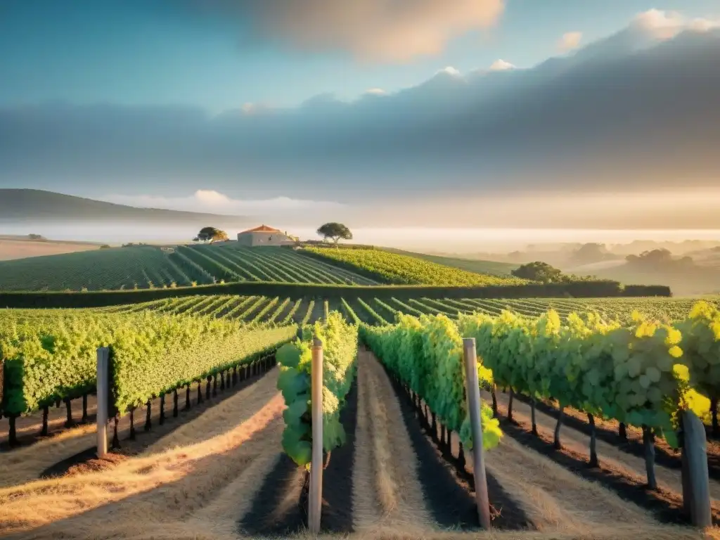 Viñedo exuberante en Uruguay al atardecer, con vides Tannat doradas